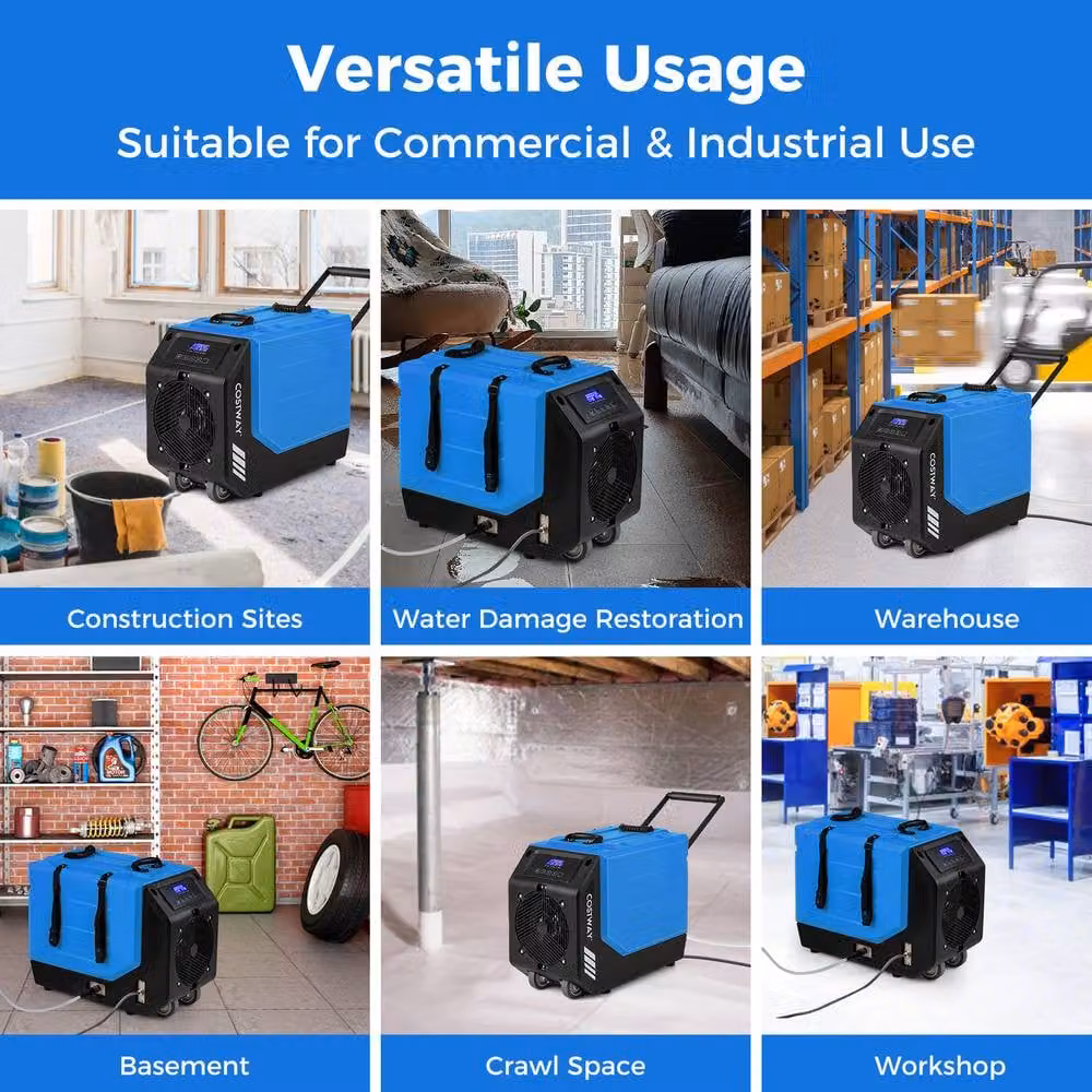 Costway Commercial Dehumidifier with Pump and Wheels, Blue, 90L/Day Capacity for up to 500m2 – 5