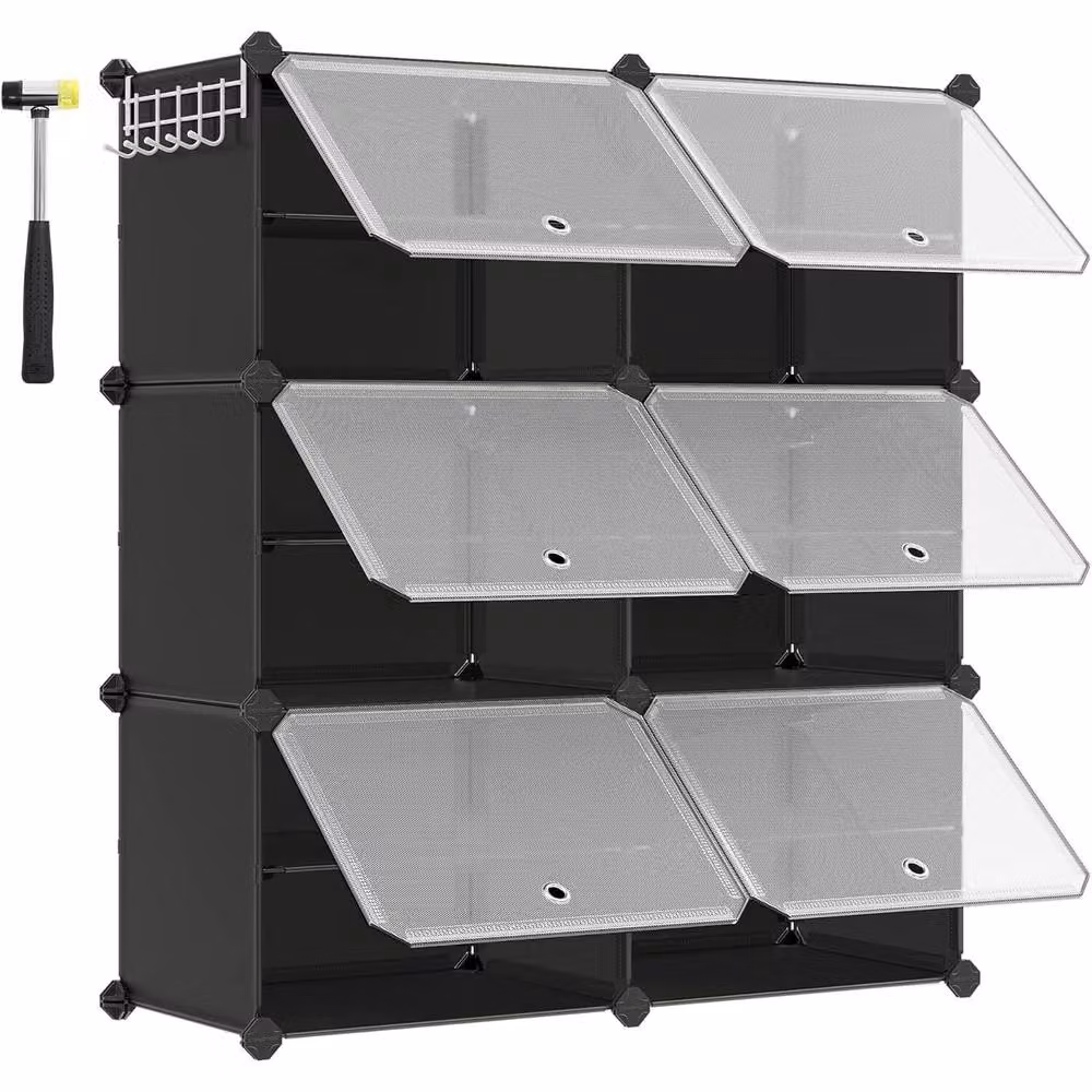 SONGMICS 6-Slot Modular Plastic Shoe Storage Cabinet with Doors in Black – 4