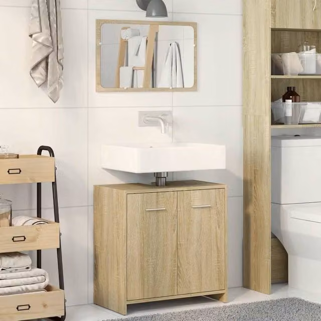 Berkfield Home Practical 2 Piece Modern Bathroom Furniture Set in Sonoma Oak Light Brown, W/D/H: 60 x 33 x 60 cm