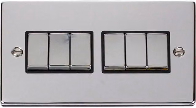 SE Home 6 Gang 2 Way Ingot Light Switch in Polished Chrome and Metallic Silver