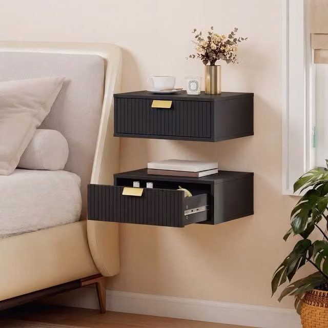 HOMCOM Set of 2 Modern Wall Mounted Floating Nightstands with Wave Drawers in Black