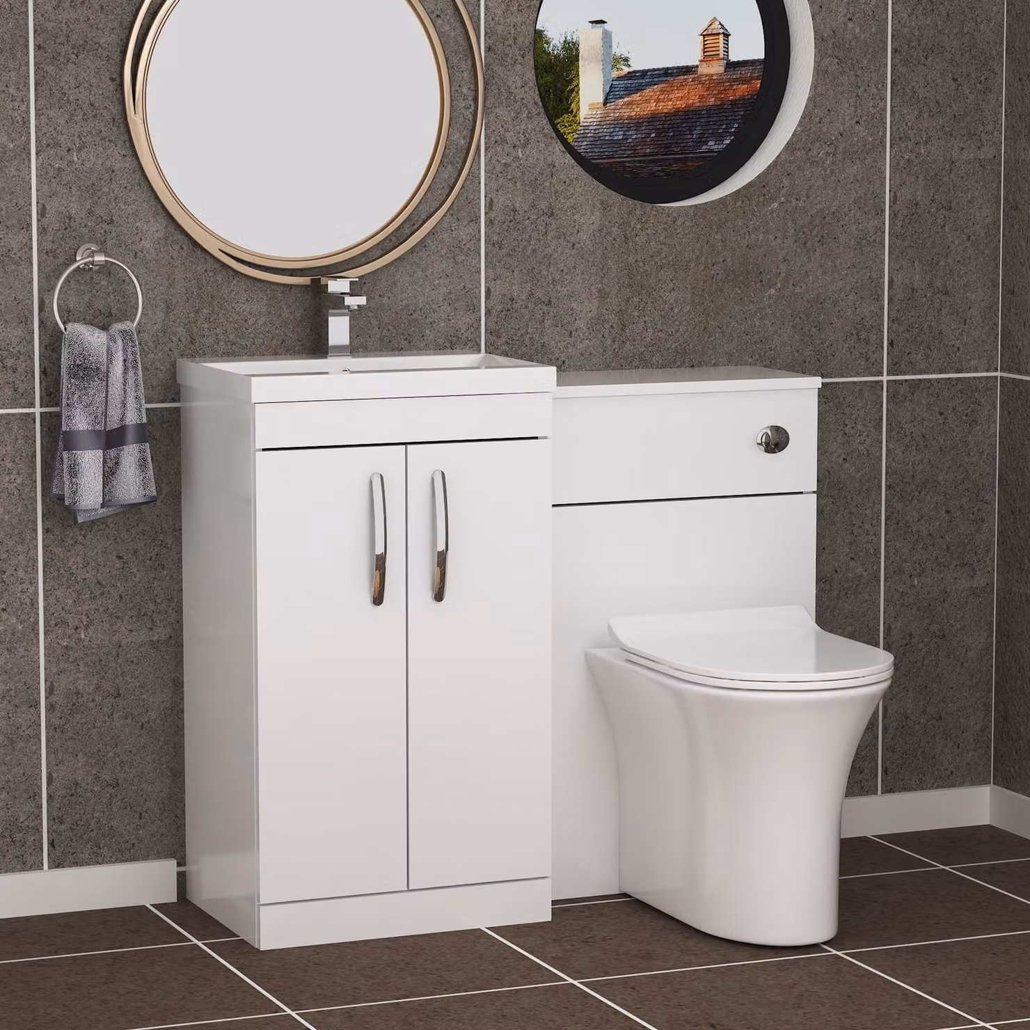 Royal Bathrooms Gloss White 2 Door Furniture Pack with Mid Edge Basin and Slim Breeze Back to Wall Toilet, Width: 100 cm
