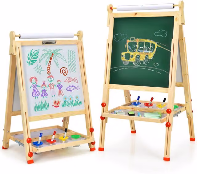 COSTWAY 3-in-1 Double-Sided Kids Art Easel with Whiteboard and Paper Holder, Brown