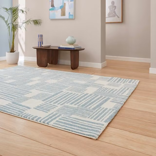 Catherine Lansfield Blocks Modern Abstract Geometric Blue Rectangular Rug