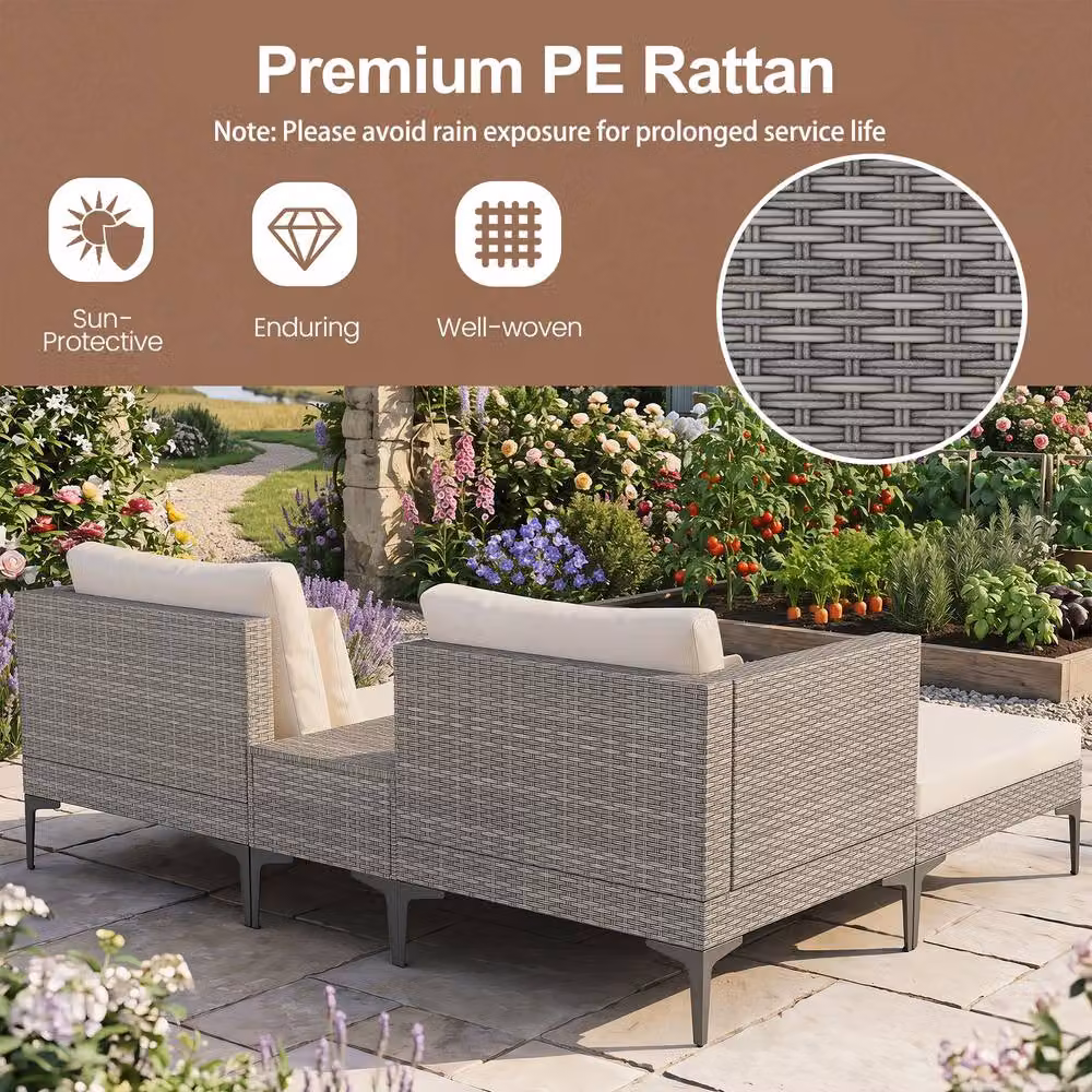 Costway 5-Piece Grey Polyrattan Patio Conversation Set with Upholstered Cushions and Side Table – 6