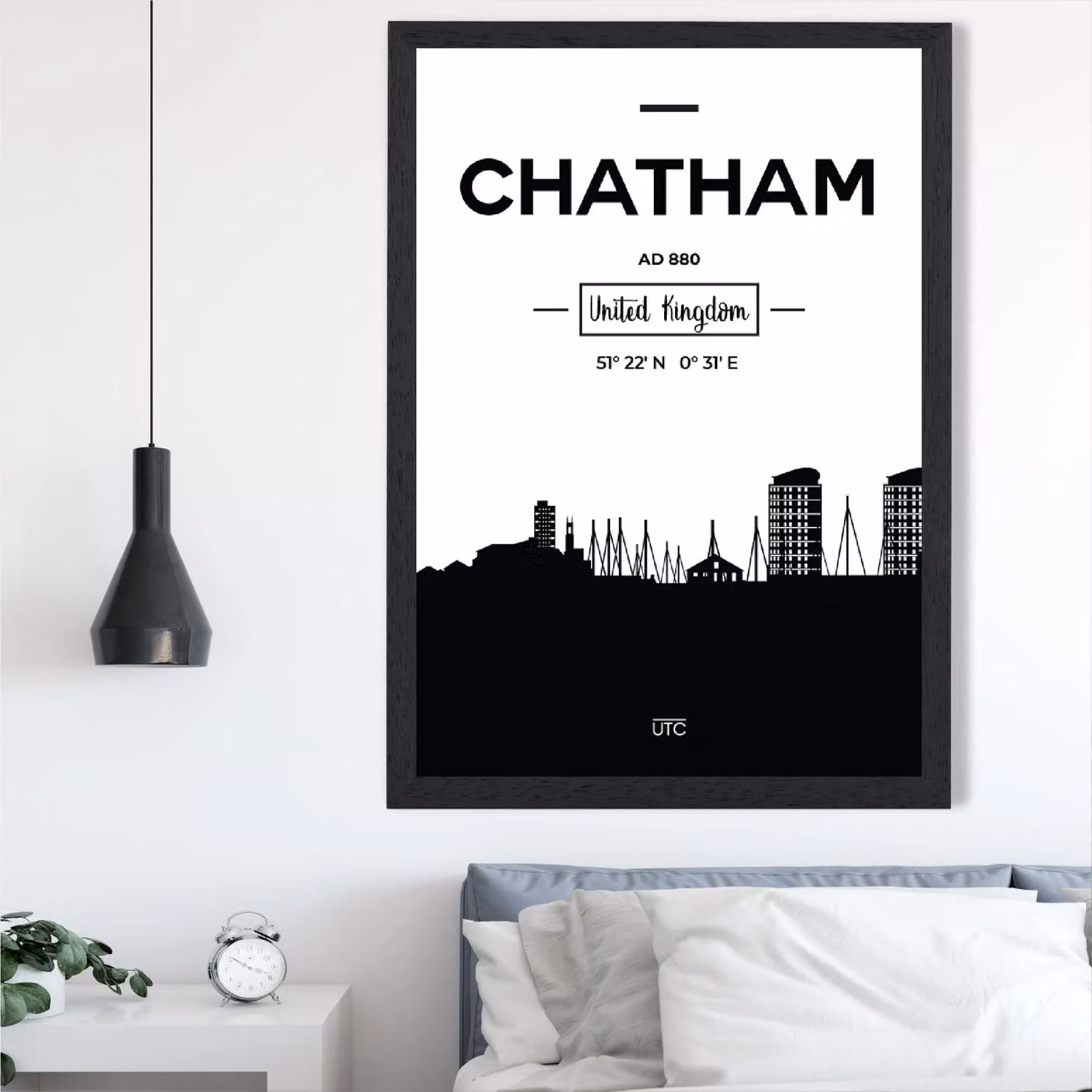 ARTZE Chatham Black and White City Skyline Framed Print, A3, Black Frame – 2