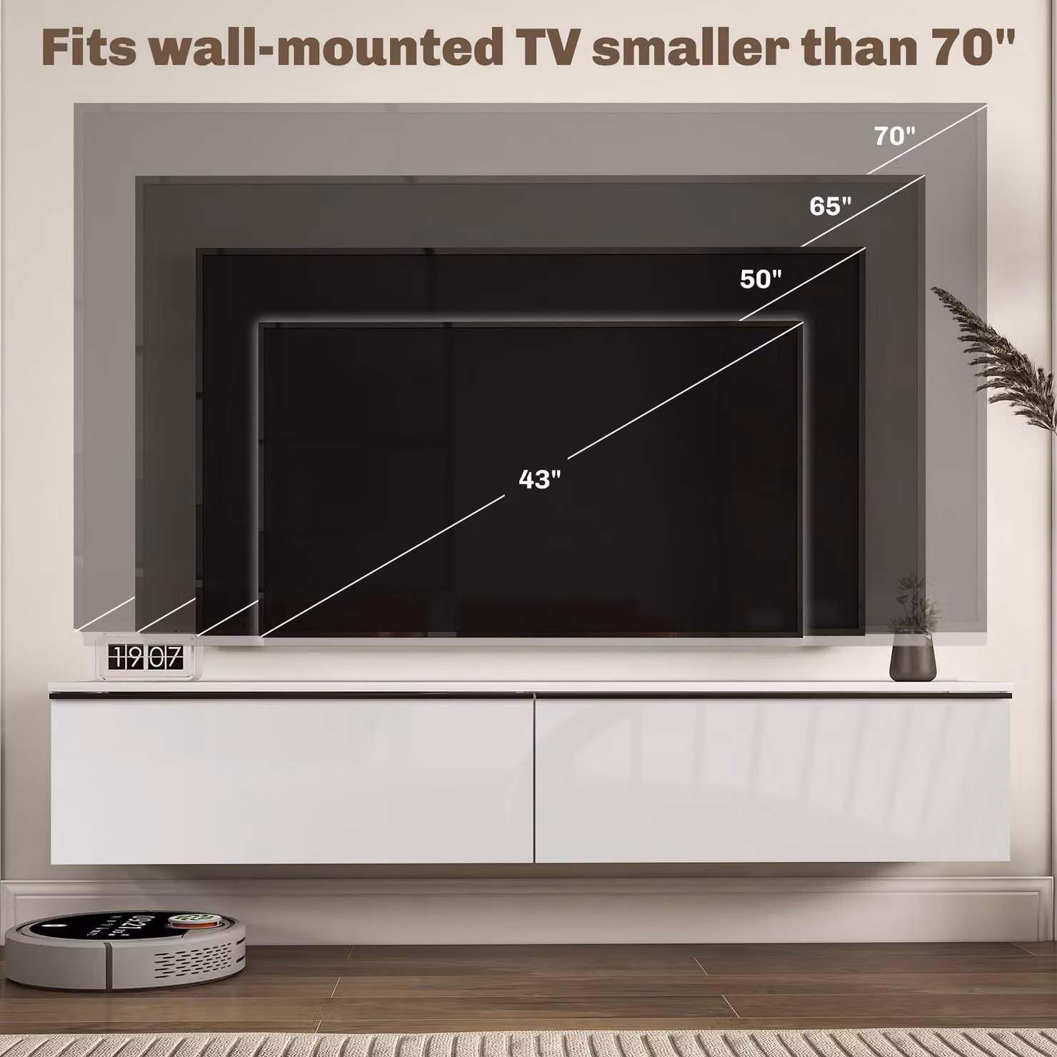 HOMCOM White High Gloss Floating TV Unit Stand for TVs up to 70 inch, Wall Mounted Modern TV Cabinet with Storage Cupboards, Width: 160 cm – 5