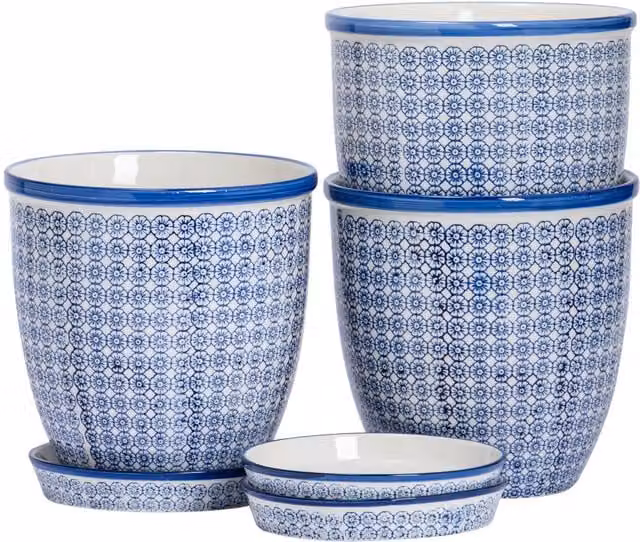 Nicola Spring Hand-Printed Ceramic Plant Pots with Saucers, Blue, Pack of 3, Diameter: 20.5 cm – 1