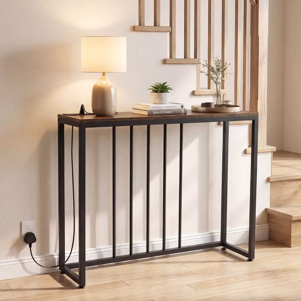 Gymax Brown Narrow Hallway Console Table with Charging Station, Width: 100 cm – 2