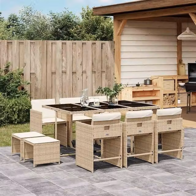 Berkfield Home 11 Piece Beige Poly Rattan Garden Dining Set with Cushions and Glass Tabletop