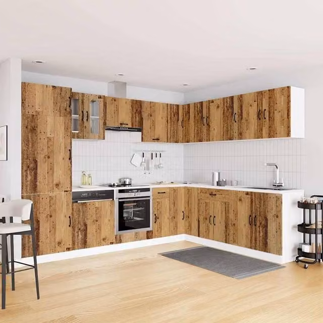 Berkfield Home Kalmar 14 Piece Kitchen Cabinet Set in Brown Old Wood Engineered Wood with Glass Doors – 1
