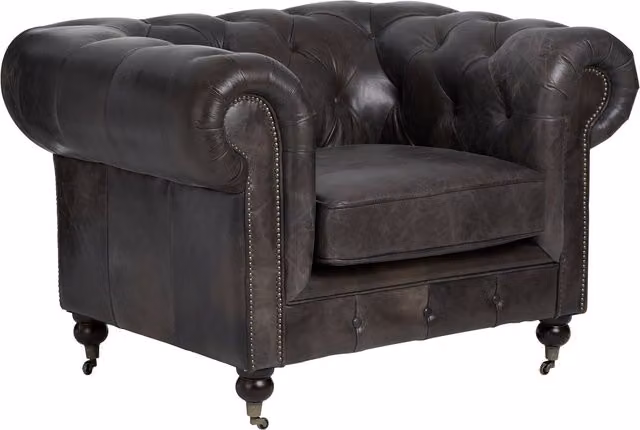 Orsina Dark Grey and Brown Leather Chesterfield Armchair with Button Tufted Backrest – 1