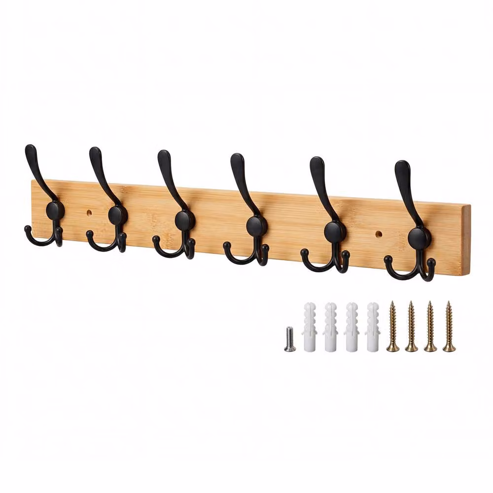 Levede Wall Mounted Bamboo Coat Rack with Hooks in Natural and Matt Black – 2