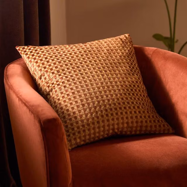 Furn Checkered Velvet Jacquard Cushion in Orange and Bronze, W/D/H: 45 x 45 x 45 cm – 1