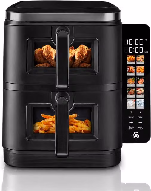 Swan 11L Duo Layer Dual Zone Air Fryer with Digital Display, Black with Stainless Steel Trim