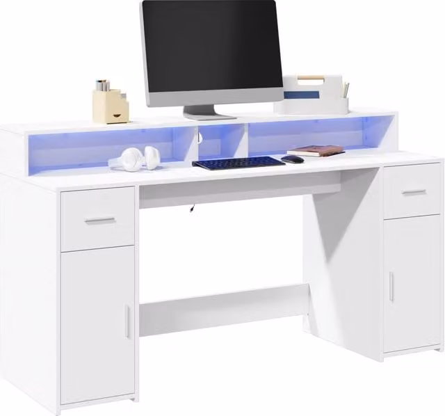 Berkfield White Modern Gaming Desk with LED Lights, W/D/H: 160 x 55 x 91 cm – 1