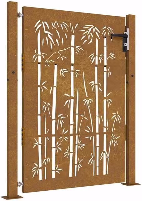 Berkfield Home Garden Gate in Brown Corten Steel with Bamboo Design, W: 105 cm, H: 155 cm – 1