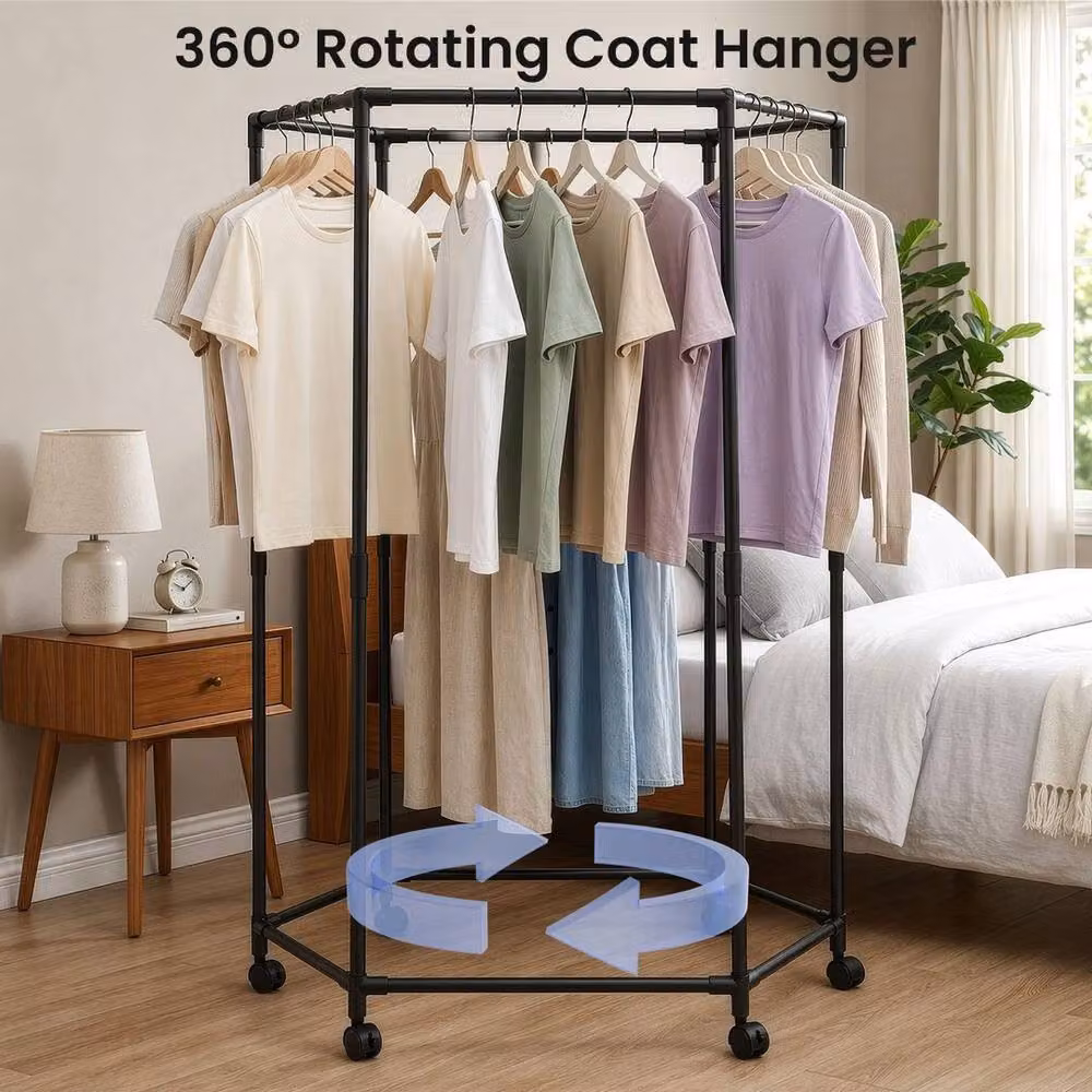 VOGREX Double Layer Hexagonal Rotating Clothes Rack with Wheels in Matt Black – 4