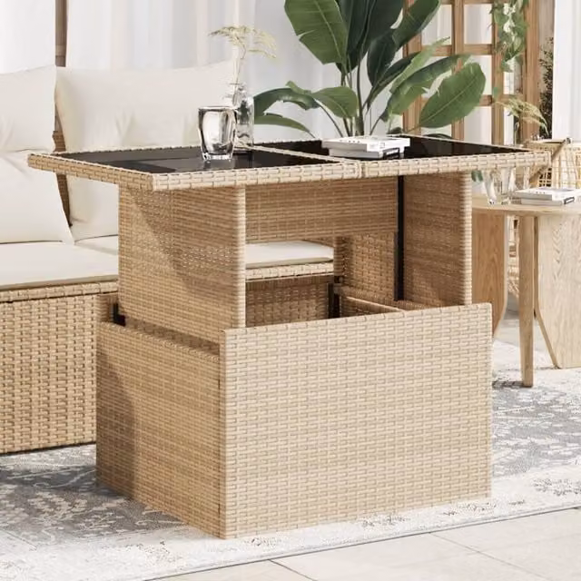 Berkfield Home Beige Poly Rattan Garden Table with Glass Top, W/D/H: 100 x 55 x 73 cm