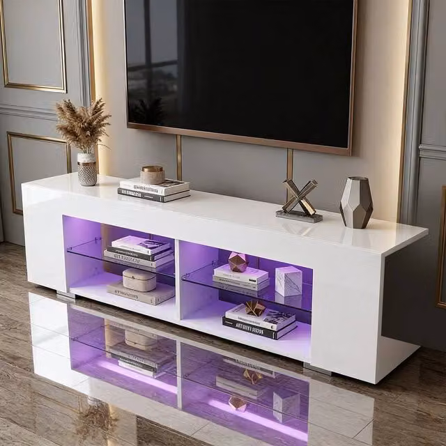 EONLION Modern High Gloss LED TV Stand Storage Cabinet in White, Width: 135 cm