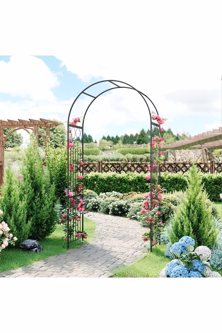 Living and Home Multifunctional Black Enamelled Steel Garden Arch Climbing Frame, H 231 cm x W 115 cm x D 56 cm
