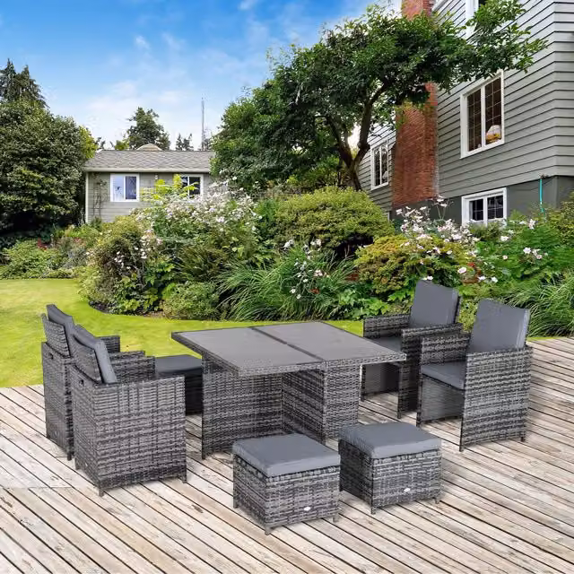 Outsunny 9 Piece Grey Polyrattan Garden Dining Set with Glass Top Rectangular Table – 1