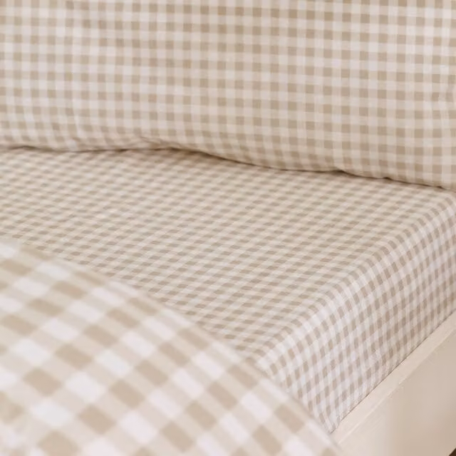 Catherine Lansfield Bamford Gingham Check Cotton Fitted Sheet, Beige, W/D/H: 200 x 185 x 30 cm