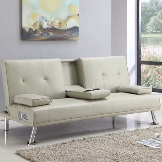 Comfy Living Beige Faux Leather Bluetooth Cinema Sofa Bed with Cup Holders