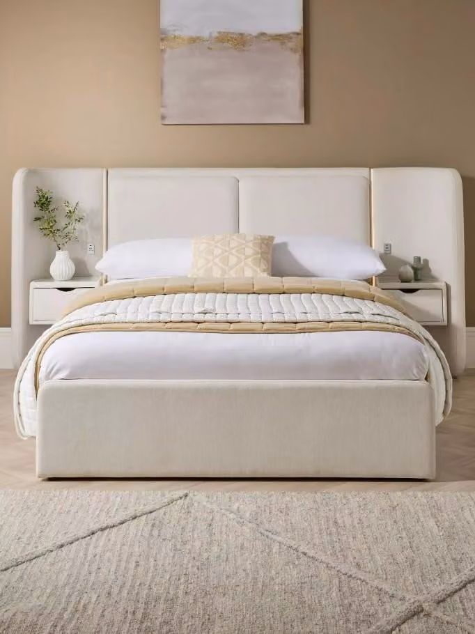 Reese King Size End Lift Up Storage Ottoman Bed Frame in Beige Upholstered Fabric, W/D/H: 180 x 200 x 254 cm