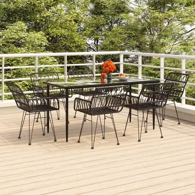 Berkfield Home 7 Piece Black Poly Rattan Garden Dining Set with Glass Top Table