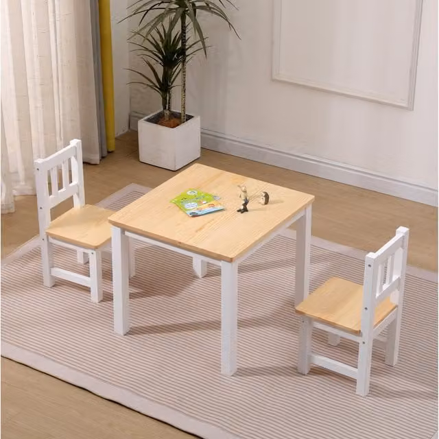 Home Deluxe Childrens Table and Chairs Set in White and Natural Wood
