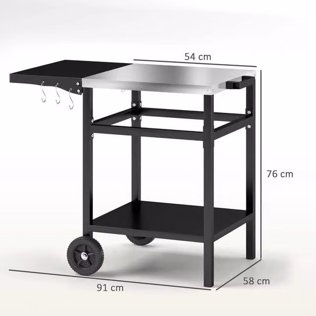 FORGEVIO Black Charcoal BBQ Trolley with Foldable Side Table and Stainless Steel Accents