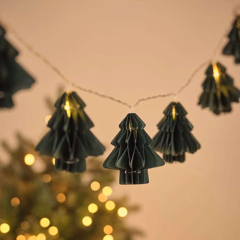 Green Paper Christmas Tree LED Fairy Lights with Timer and Warm White Illumination