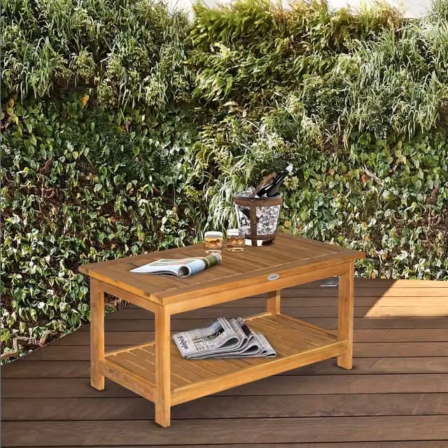 Outsunny Rustic Teak and Acacia Wood Outdoor Coffee Table with Shelf in Brown and Yellow