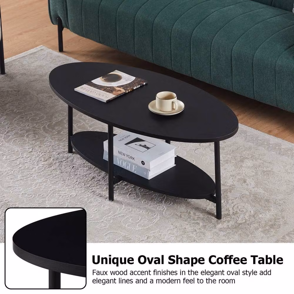 FORGEVIO Black Oval 2 Tier Wood Coffee Table with Adjustable Foot Pads – 4