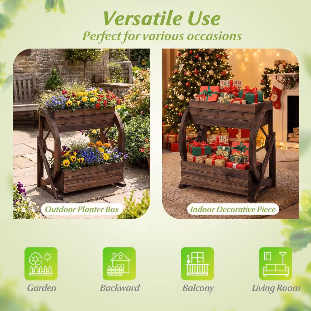 Costway 2-tier Rustic Wood Wagon Planter Raised Garden Bed with Drainage Holes in Brown – 5