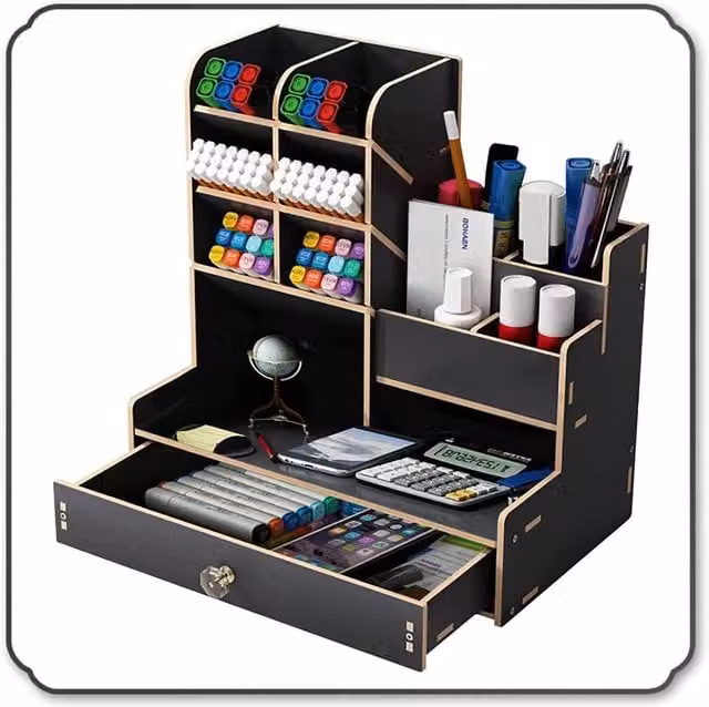 PAWNORA Multi-Compartment Office Study Desk Organiser in Black Wood
