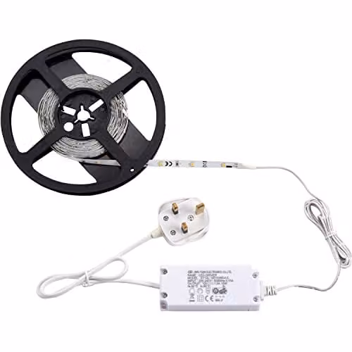 Loops 5m Warm White LED Strip Kit with 12W Power Supply and Self Adhesive Backing for Under Cabinet and Accent Lighting