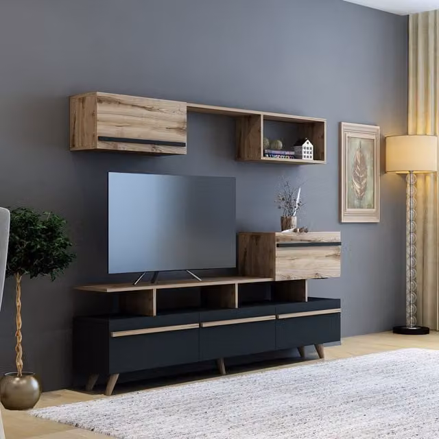 Destina Home Lenora Modern TV Stand and Entertainment Center in Anthracite and Wood Finish