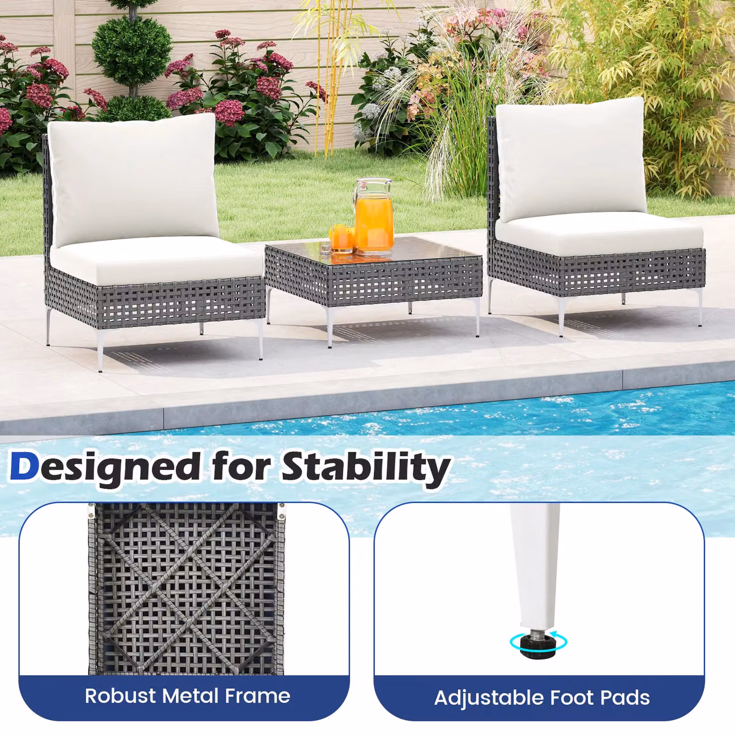 Gymax 3 Piece White PE Rattan Patio Bistro Set with Metal Coffee Table – 6