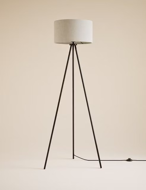 M&S Modern Metal Tripod Floor Lamp with Fabric Cylinder Shade in Black