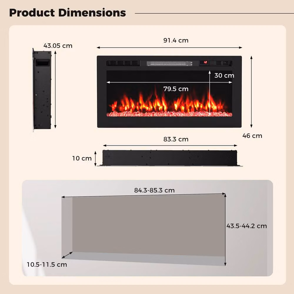 Costway Black Recessed and Wall-Mounted Electric Fireplace Heater with WiFi App Control, 1500W, W: 91.44 cm, H: 91.44 cm, D: 37 cm – 3