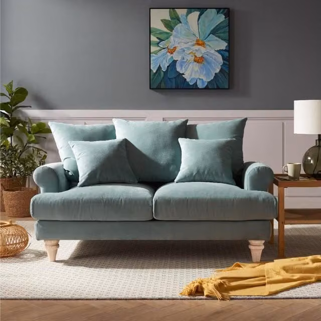 Dawn 2 and 3 Seater Teal Velvet Sofa with Scatter Back Cushions and Feather Filling