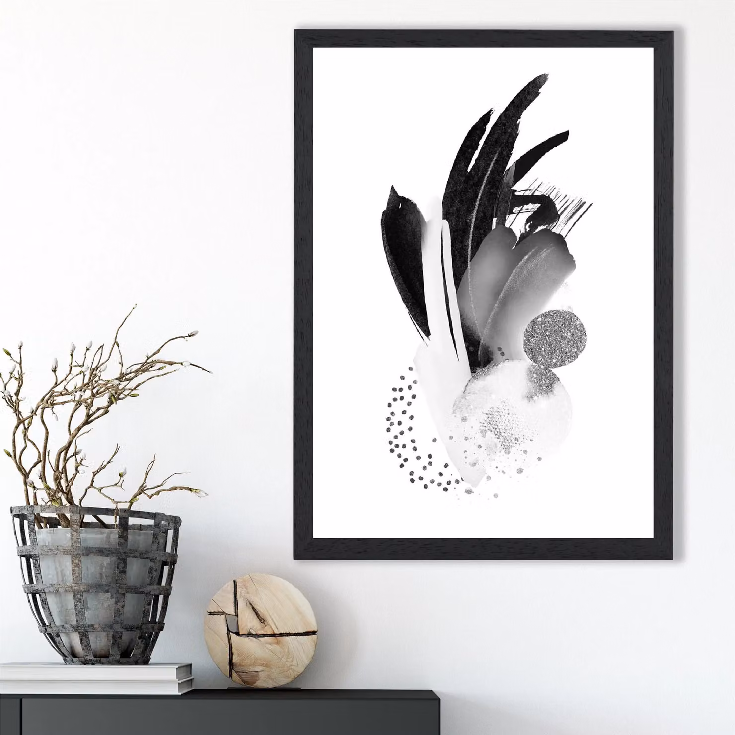 ARTZE Black and White Abstract Watercolour Shapes Framed Print in Black Frame – 2