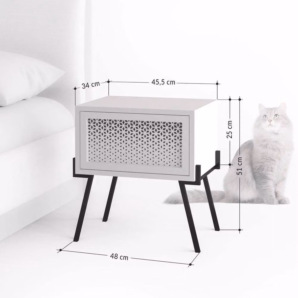 ERGOVEXA White 1 Door Bedside Cabinet with Black Metal Legs and Matt Handless Push Open Design – 2