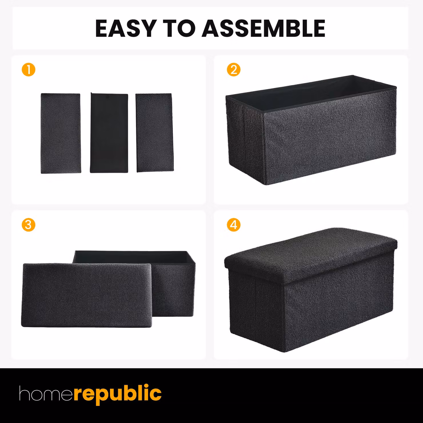 Home Republic Teddy Boucle Foldable Storage Ottoman in Black, Medium – 3