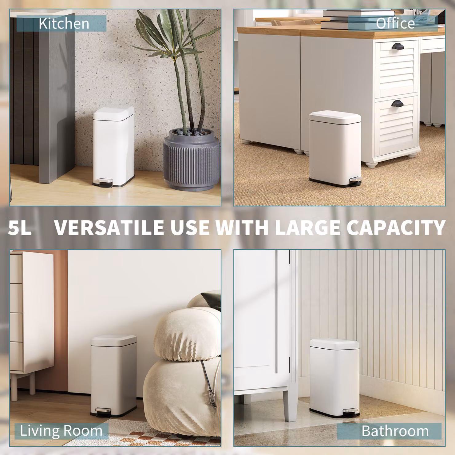 HOMCOM 5L White Steel Rectangular Compact Pedal Bin with Removable Inner Bucket and Soft-Close Lid – 4