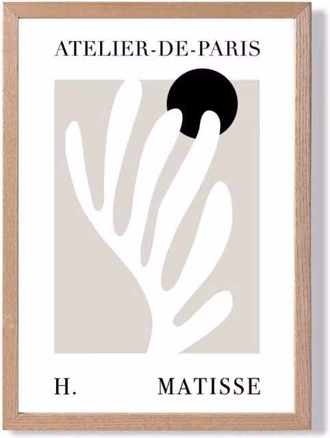 ARTZE Matisse Floral Cutout Beige and Black Framed Botanical Print with Oak Frame, A3