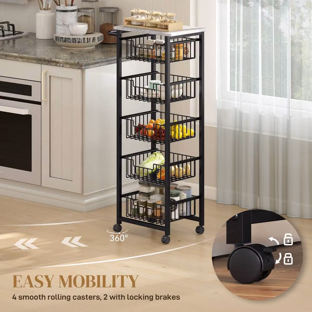 STILVORA Kitchen Trolley with 5 Baskets and Marble-Effect Top in Black, W/D/H: 76.0 x 49.5 x 111.0 cm – 4