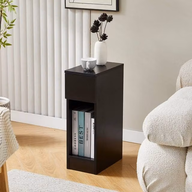 MCC Direct Ava Slim Solid Wooden Bedside Table with Open Shelf and Drawer, Black – 6